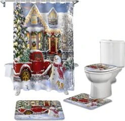 4 Piece Merry Christmas Shower Curtain Set With Non-Slip Rug, Toilet Lid Cover And Bath Mat, Xmas Snowman Red Truck Tree Wood House Winer Snowy Scene Shower Curtain With Hooks For Holiday Decoration
