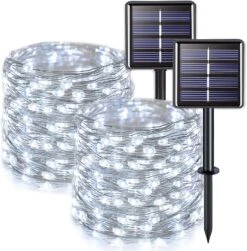 JMEXSUSS Solar String Lights Outdoor Waterproof, 2 Pack 33ft 100 LED Fairy Lights, 8 Modes Copper Wire Christmas Lights For Patio Tree Garden Outside Decorations, White