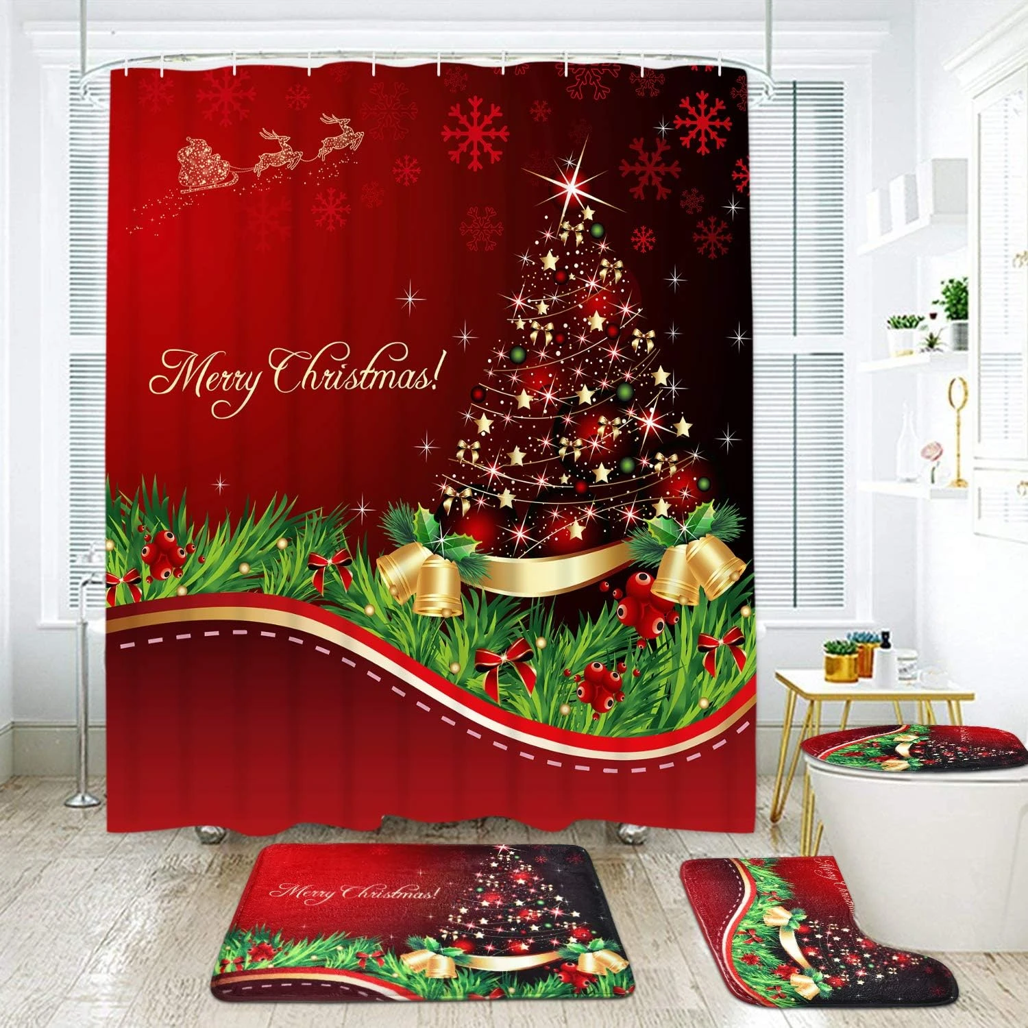 Uspring 4 Pcs Merry Christmas Shower Curtain Sets With Non-Slip Rugs, Bath Mat, Toilet Lid Cover And 12 Hooks, Xmas Tree Ball Snowflake Red Shower Curtain For Christmas Decoration 2 Uspring 4 Pcs Merry Christmas Shower Curtain Sets With Non-Slip Rugs, Bath Mat, Toilet Lid Cover And 12 Hooks, Xmas Tree Ball Snowflake Red Shower Curtain For Christmas Decoration - Image 2