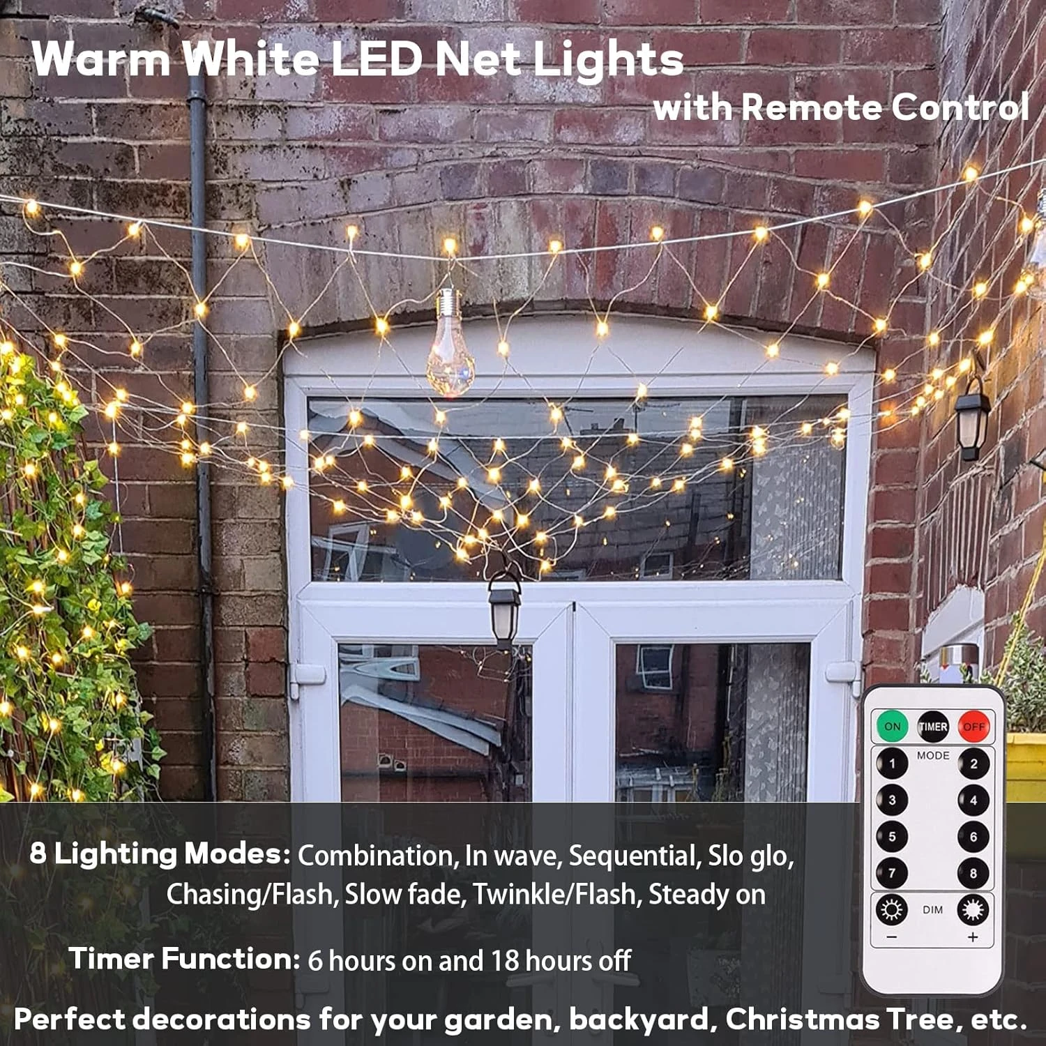 Echsoari Battery Operated Net Lights, 100 LED Net Fairy Lights 8 Modes Remote Timer Dimmable Garden Patio Mesh Lighting For Bush Deck Fence Wall Party Wedding Christmas Decor (Warm White) 4 Echsoari Battery Operated Net Lights, 100 LED Net Fairy Lights 8 Modes Remote Timer Dimmable Garden Patio Mesh Lighting For Bush Deck Fence Wall Party Wedding Christmas Decor (Warm White) - Image 4