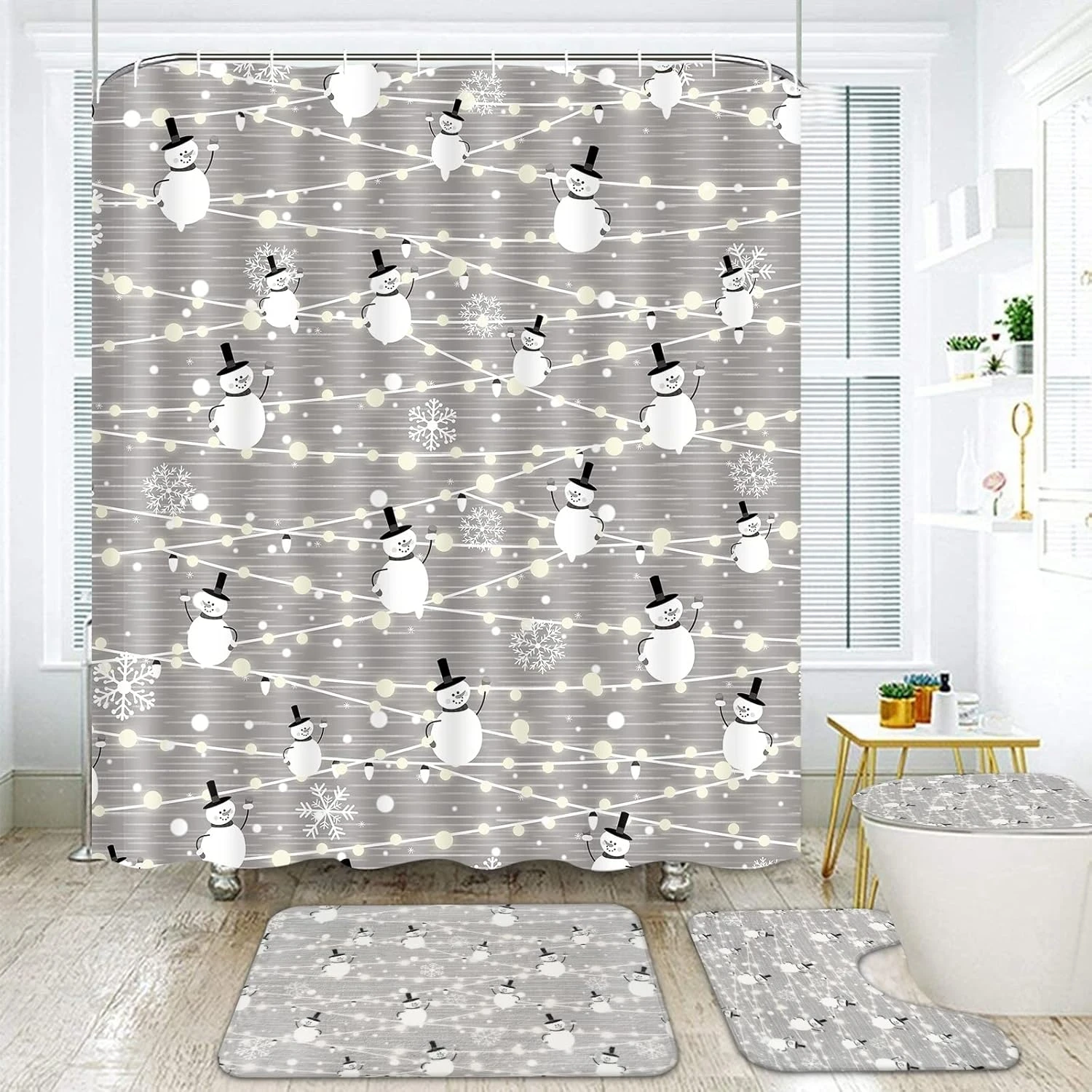 Alishomtll 4 Pcs Merry Christmas Shower Curtain Sets With Non-Slip Rugs, Toilet Lid Cover And Bath Mat, Xmas Snowman Shower Curtains With 12 Hooks, Snowflake Shower Curtains For Bathroom Decoration 3 Alishomtll 4 Pcs Merry Christmas Shower Curtain Sets With Non-Slip Rugs, Toilet Lid Cover And Bath Mat, Xmas Snowman Shower Curtains With 12 Hooks, Snowflake Shower Curtains For Bathroom Decoration - Image 3