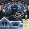 KNONEW Christmas Lights Outdoor Decorations 400 LED 33ft 8 Modes Curtain Fairy String Light With 75 Drops, Clear Wire LED String Light Decor For Wedding Party Holiday Christmas Decorations Cool White