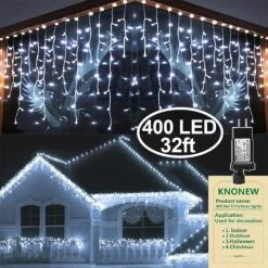 KNONEW Christmas Lights Outdoor Decorations 400 LED 33ft 8 Modes Curtain Fairy String Light With 75 Drops, Clear Wire LED String Light Decor For Wedding Party Holiday Christmas Decorations Cool White