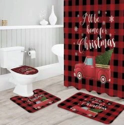 OneHoney 4 Piece Shower Curtain Sets With Non-Slip Rugs, Truck With Christmas Tree Bathroom Curtains Waterproof, Snowflakes On Red Buffalo Grid Decor Doormat, Toilet Lid Cover And Bath Mat -Xmas Lighting Shop 81SuNSdqWyL. AC SL1500