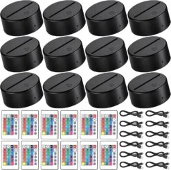 12 Sets 3D Night LED Light Lamp Base 16 Colors LED Light Display Base With Remote Control USB Cable Christmas Light Lamp Base For Acrylic And Resin Glass For Restaurant Room (Black, 3.35 Inch)