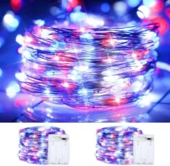 4th Of July Decorations Patriotic String Lights, 2 Pack 100LED Copper String Lights Outdoor Twinkle Lights For Fourth Of July, Christmas, Memorial Day, Independence Day Decor- Red White Blue