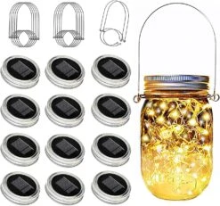 YJFWAL Mason Jar Solar Lights, 12 Pack 30 LED Solar Fairy Lights Mason Jar Lights Lantern String Lights For Garden,Patio,Yard,Family,Party,Birthday,Wedding, Christmas Decoration(No Jars) Warm White