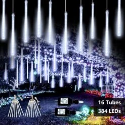2-Pack Christmas Decorations Lights Outdoor, Total 384LED Meteor Shower Lights Rain Drop Lights 30cm 16 Tubes Indoor Outdoor Snow Cascading String Lights For Xmas Tree Roof Party Garden (Cool White)