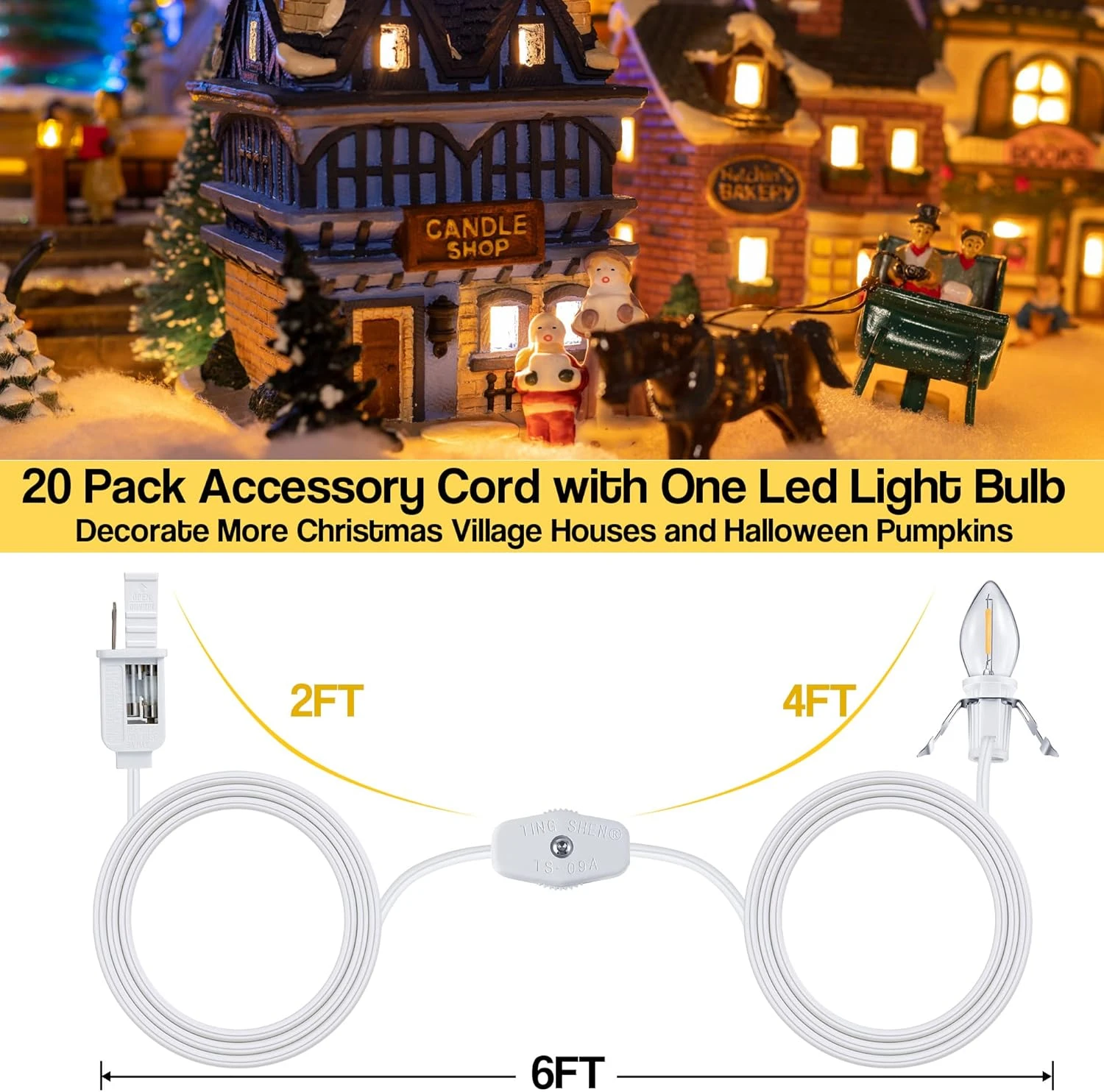 Feekoon 20 Pcs Accessory Cord With LED Light Bulb, 6 Ft Blow Mold Light Cord With Switch Plugs For Halloween Pumpkins Christmas Village Houses And Craft Projects Decoration 5 Feekoon 20 Pcs Accessory Cord With LED Light Bulb, 6 Ft Blow Mold Light Cord With Switch Plugs For Halloween Pumpkins Christmas Village Houses And Craft Projects Decoration - Image 5
