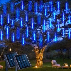 JMEXSUSS 2 Pack Solar Meteor Shower Lights, 16 Tube 288 LED Blue Meteor Christmas Lights, Solar Christmas Lights Outdoor Waterproof For Tree Christmas Decorations