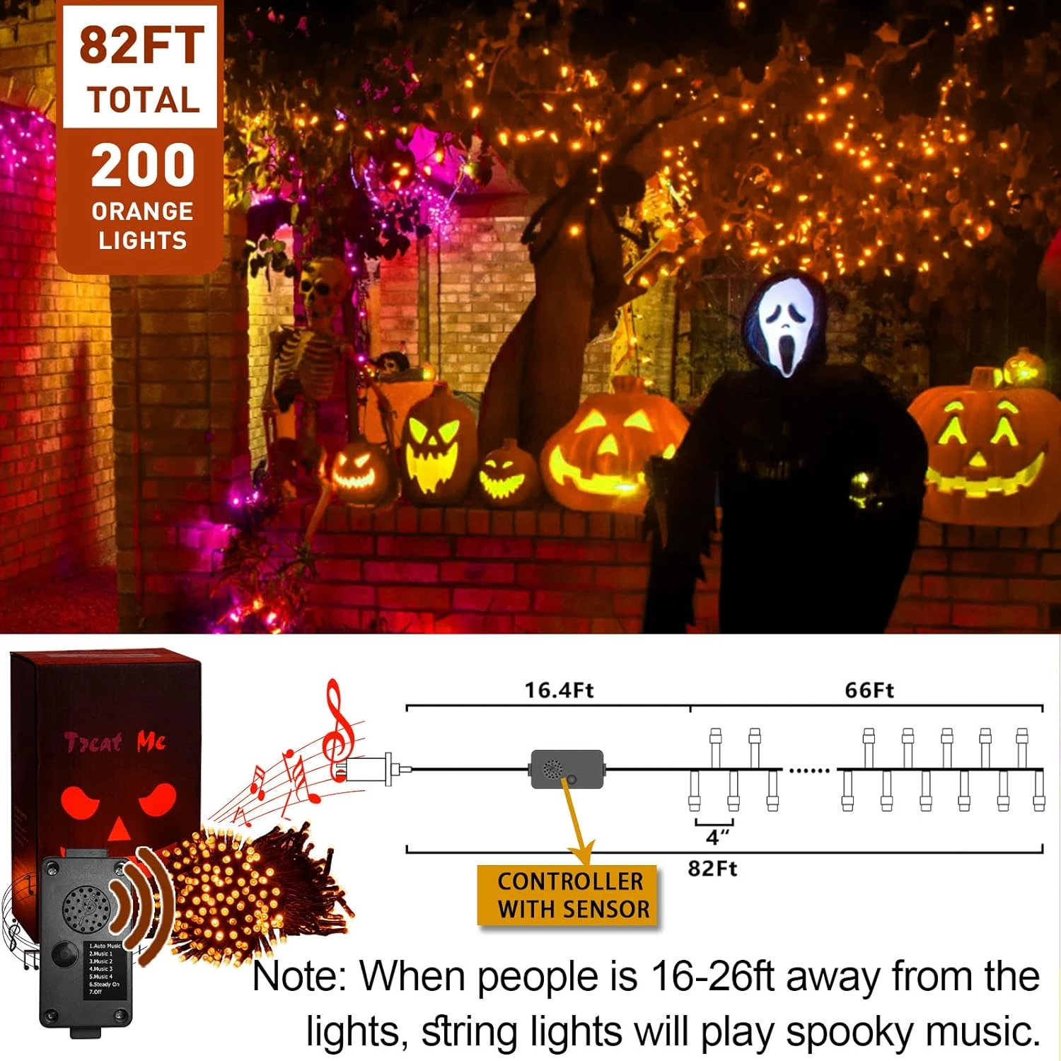 EAMBRITE Halloween Decorations 200 LED Halloween String Lights With Spooky Music Motion Sensor Controller Twinkle Waterproof Orange String Lights Plug In For Indoor Outdoor Tree Party Yard Christmas 4 EAMBRITE Halloween Decorations 200 LED Halloween String Lights With Spooky Music Motion Sensor Controller Twinkle Waterproof Orange String Lights Plug In For Indoor Outdoor Tree Party Yard Christmas - Image 4