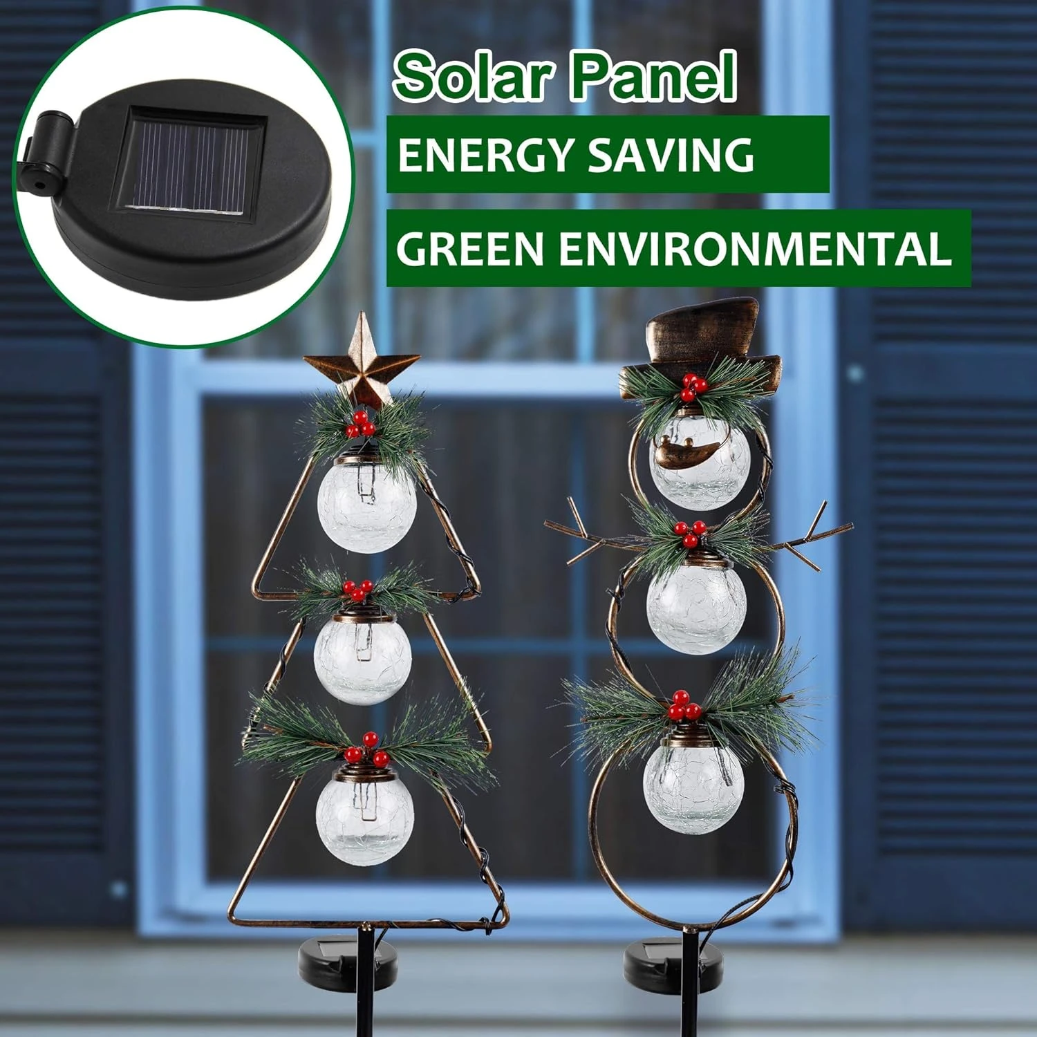 MAGGIFT Christmas Outdoor Solar Stake Lights, 42.5 Inch Solar Powered Yard Decorations, Glass Globe Cool White LED Xmas Pathway Lights, Metal Snowman & Tree Garden Stakes Lawn Ornament, Set Of 2 4 MAGGIFT Christmas Outdoor Solar Stake Lights, 42.5 Inch Solar Powered Yard Decorations, Glass Globe Cool White LED Xmas Pathway Lights, Metal Snowman & Tree Garden Stakes Lawn Ornament, Set Of 2 - Image 4
