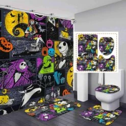 LAYINUSG 4Pcs Nightmare Before Christmas Shower Curtain Set With Non-Slip Rugs, Toilet Lid Cover And Bath Mat, Halloween Xmas Winter Holiday Bathroom Decor Sets With 12 Hooks 72 X 72 Inches