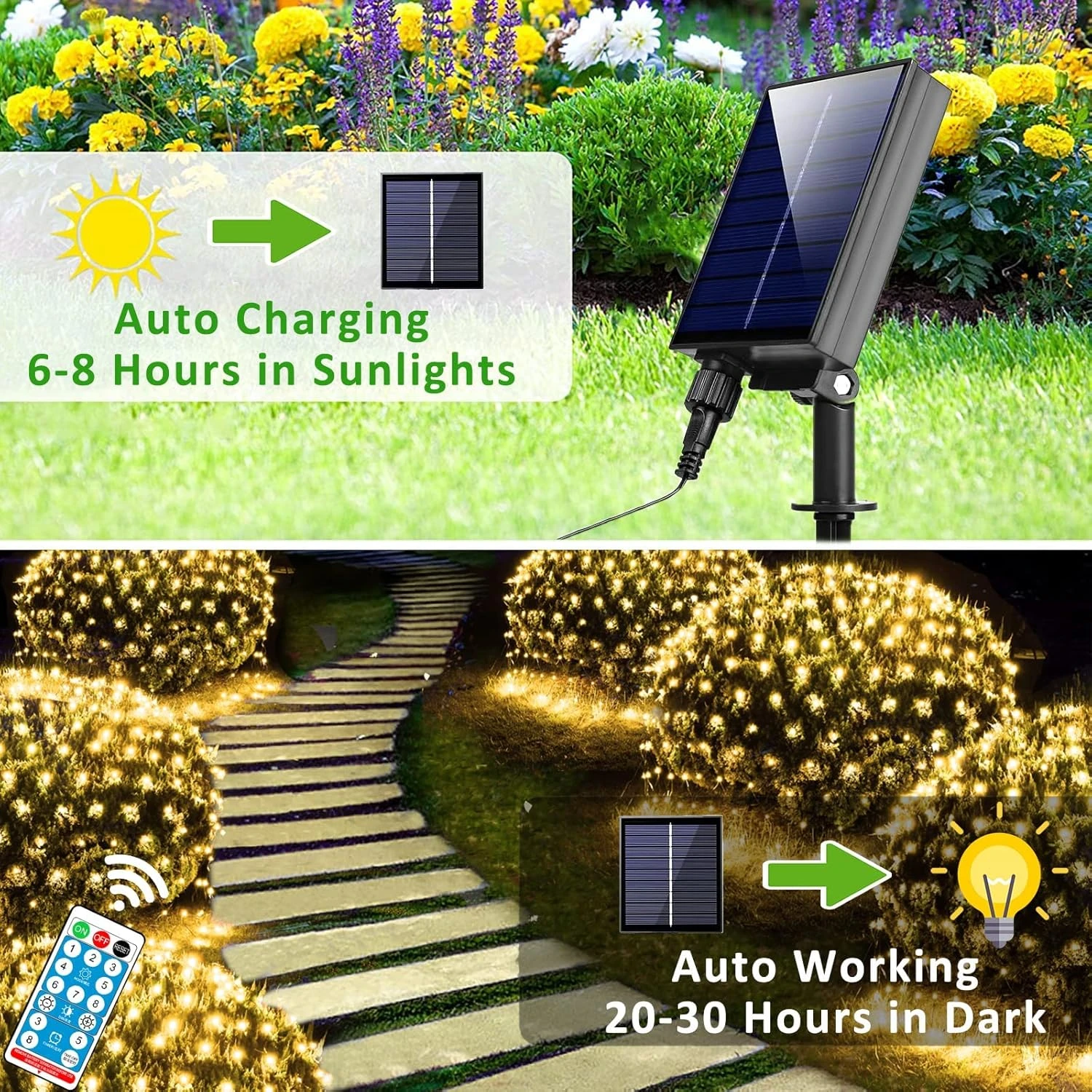 Solar Net Lights Outdoor, 240 LED Warm White Mesh Lights Waterproof, 2 Power Supply 11.5ft X 5ft 8 Modes Green Wire String Lights With Remote For Bushes Trees Patio Garden Shrubs Christmas Decoration 2 Solar Net Lights Outdoor, 240 LED Warm White Mesh Lights Waterproof, 2 Power Supply 11.5ft X 5ft 8 Modes Green Wire String Lights With Remote For Bushes Trees Patio Garden Shrubs Christmas Decoration - Image 2