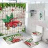 Ikfashoni 4 Pcs Christmas Shower Curtains Set With Non-Slip Rugs, Toilet Lid Cover And Bath Mat, Vintage Wooden Snowflake Shower Curtain With 12 Hooks, Xmas Tree Red Truck Shower Curtain For Bathroom
