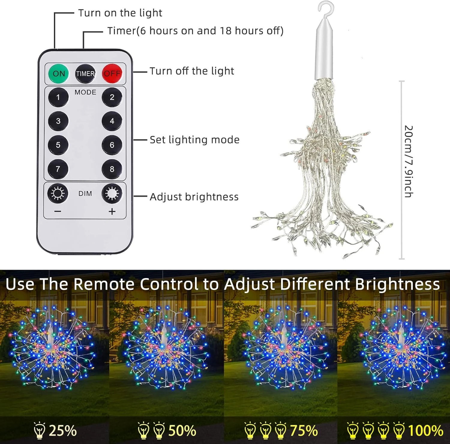 360 LED Hanging Starburst Sphere Lights 2 Pack Battery Operated Firework Light Remote Control 8 Mode Waterproof Silver Wire Fairy Light Chandelier For Gazebo Girl Gift Christmas Indoor Outdoor Decor 6 360 LED Hanging Starburst Sphere Lights 2 Pack Battery Operated Firework Light Remote Control 8 Mode Waterproof Silver Wire Fairy Light Chandelier For Gazebo Girl Gift Christmas Indoor Outdoor Decor - Image 6