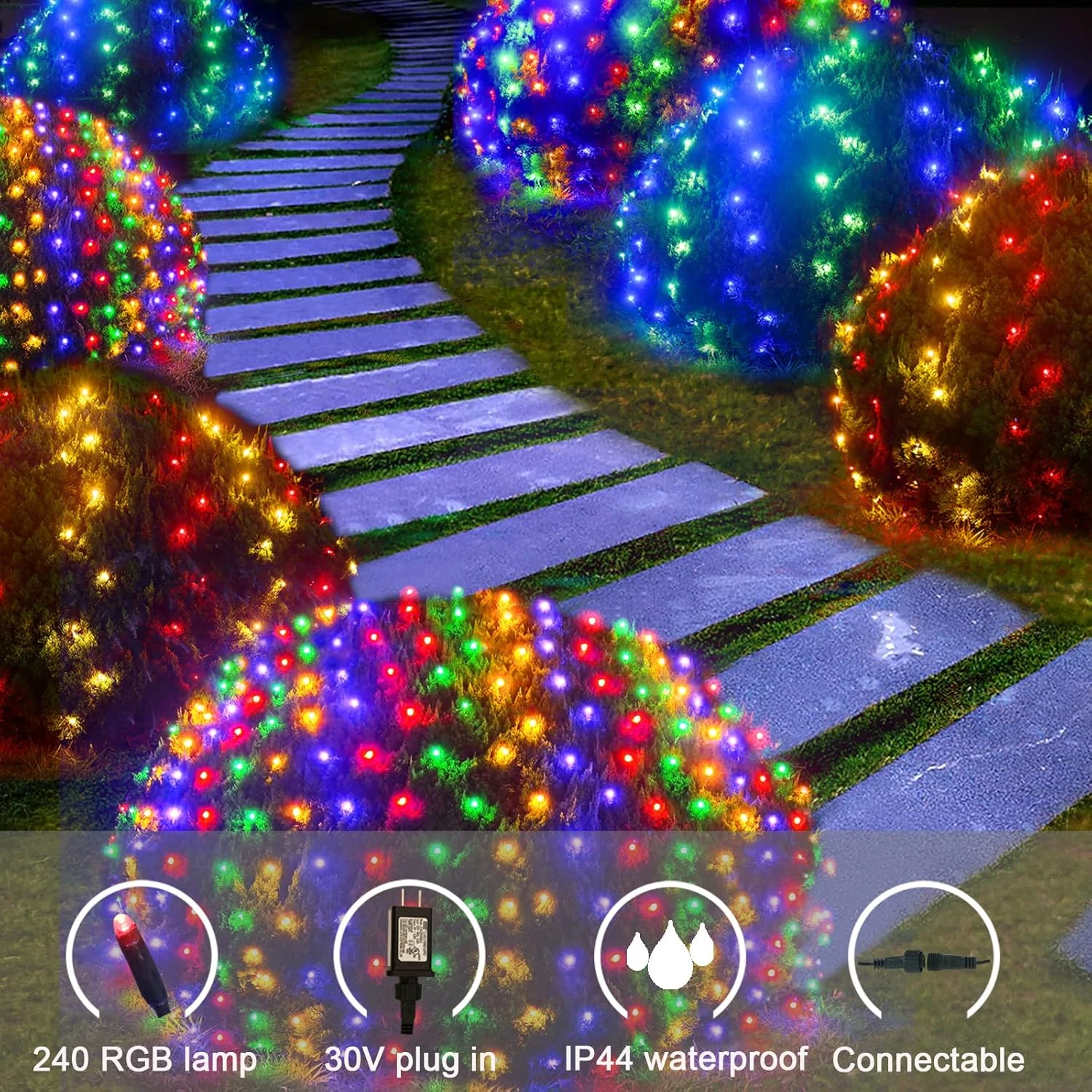 Obrecis Christmas Net Lights Outdoor, 240 LED 18 Color Changing Mesh Lights, 14.8ft X 5ft Waterproof Connectable Multicolored Fairy String Lights For Bushes Xmas Tree Garden Wedding Party Home Decor 4 Obrecis Christmas Net Lights Outdoor, 240 LED 18 Color Changing Mesh Lights, 14.8ft X 5ft Waterproof Connectable Multicolored Fairy String Lights For Bushes Xmas Tree Garden Wedding Party Home Decor - Image 4