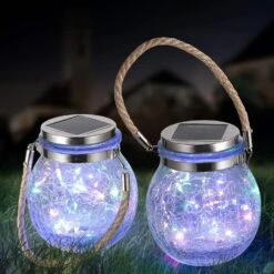 Solar Hanging Lanterns Outdoor Waterproof, Table Lamps Decorative Cracked Glass Jar 30 LED Lights For Garden Tree Court Yard Patio Pathway Christmas Day Holiday Party Decoration (2, Colors)