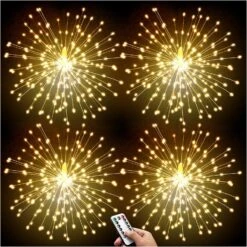 DenicMic 4 Pack Firework Lights Led Copper Wire 8 Modes Battery Operated Hanging Ceiling Starburst Fairy Remote Control Star Sphere Lights Indoor For Bedroom Party Wedding Christmas Decor (Warm White)