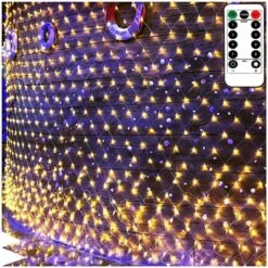 Echsoari Battery Operated Net Lights, 100 LED Net Fairy Lights 8 Modes Remote Timer Dimmable Garden Patio Mesh Lighting For Bush Deck Fence Wall Party Wedding Christmas Decor (Warm White)