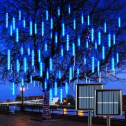 WAKAKA 2 Pack Solar Meteor Shower Lights Outdoor, Blue Meteor Lights 11.8in 16 Tubes 288 LED, Falling Raindrop Solar Christmas Lights For Tree Holiday Porch Yard Patio Party Xmas Halloween