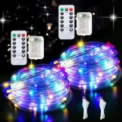 2 Pack Battery Rope Lights Outdoor Waterproof, 66Ft 200 LED Rope Lights For Outside, 8 Modes Remote Christmas String Lights USB Battery Powered For Trampoline Camping Garden Decorations(Multi Color)