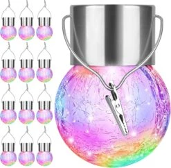 12Pack Outdoor Hanging Solar Lights - Cracked Glass Solar Lights Waterproof LED Decorative Ball Lights Tree Solar Powered Globe Lights With Hook For Garden Yard Fence Christmas Decoration, Multicolor