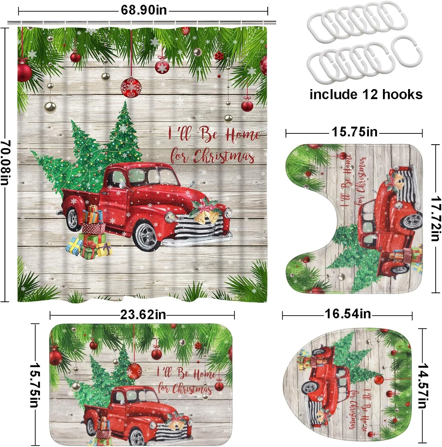 Ikfashoni 4 Pcs Christmas Shower Curtains Set With Non-Slip Rugs, Toilet Lid Cover And Bath Mat, Vintage Wooden Snowflake Shower Curtain With 12 Hooks, Xmas Tree Red Truck Shower Curtain For Bathroom 7 Ikfashoni 4 Pcs Christmas Shower Curtains Set With Non-Slip Rugs, Toilet Lid Cover And Bath Mat, Vintage Wooden Snowflake Shower Curtain With 12 Hooks, Xmas Tree Red Truck Shower Curtain For Bathroom - Image 7