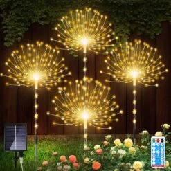 AOFLICT Solar Garden Lights, 4 Pack 126 LED Solar Firework Lights With Remote, 8 Lighting Modes Garden Firework Lights Outdoor Waterproof For Pathway, Backyard, Christmas, Party Decor (Warm White)