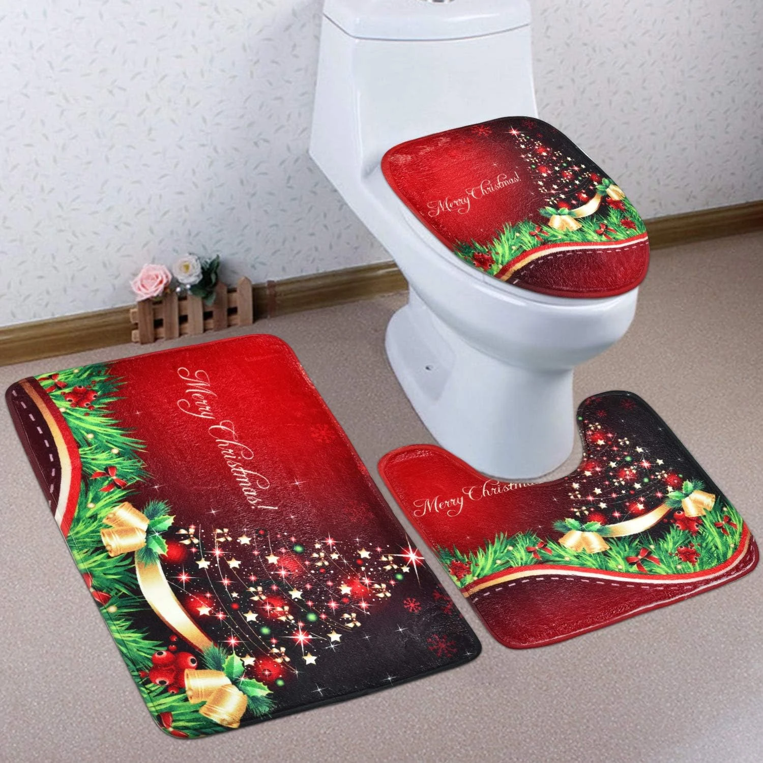 Uspring 4 Pcs Merry Christmas Shower Curtain Sets With Non-Slip Rugs, Bath Mat, Toilet Lid Cover And 12 Hooks, Xmas Tree Ball Snowflake Red Shower Curtain For Christmas Decoration 3 Uspring 4 Pcs Merry Christmas Shower Curtain Sets With Non-Slip Rugs, Bath Mat, Toilet Lid Cover And 12 Hooks, Xmas Tree Ball Snowflake Red Shower Curtain For Christmas Decoration - Image 3