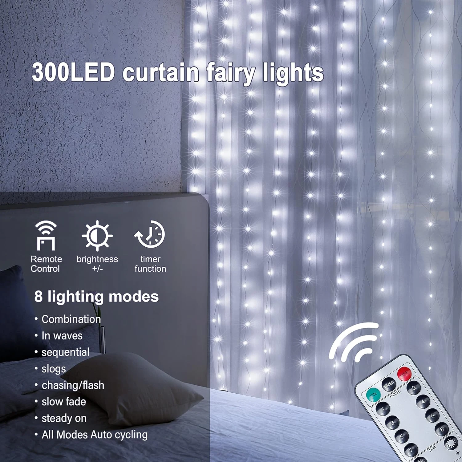 Hopolon Curtain String Lights With Remote,300LED 8 Modes 9.8ftx9.8ft 4.5V USB Powered Curtain Lights For Home Wedding Christmas Party Family Patio Garden Bedroom Outdoor Indoor Wall Decor(Cool White) 3 Hopolon Curtain String Lights With Remote,300LED 8 Modes 9.8ftx9.8ft 4.5V USB Powered Curtain Lights For Home Wedding Christmas Party Family Patio Garden Bedroom Outdoor Indoor Wall Decor(Cool White) - Image 3