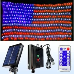 Decute Upgraded Solar American Flag String Lights, Waterproof 390 Led Solar Flag Net Light Of The United States With Remote For Christmas Decorations, Yard,Garden, Festival, Holiday, Party Decoration