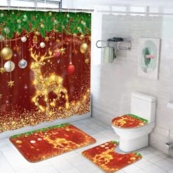 Likiyol 4 Pcs Christmas Reindeer Shower Curtain Sets With Non-Slip Rugs, Toilet Lid Cover, Bath Mat And 12 Hooks, Golden Elk Shower Curtain Pine Branches Red Christmas Bathroom Set