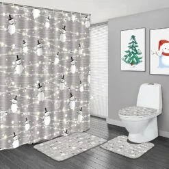 Alishomtll 4 Pcs Merry Christmas Shower Curtain Sets With Non-Slip Rugs, Toilet Lid Cover And Bath Mat, Xmas Snowman Shower Curtains With 12 Hooks, Snowflake Shower Curtains For Bathroom Decoration