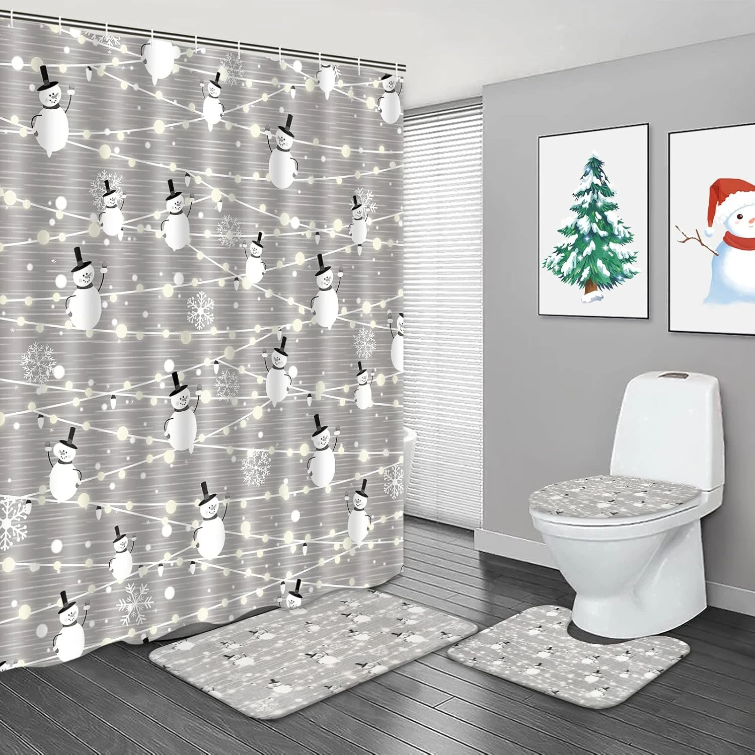 Alishomtll 4 Pcs Merry Christmas Shower Curtain Sets With Non-Slip Rugs, Toilet Lid Cover And Bath Mat, Xmas Snowman Shower Curtains With 12 Hooks, Snowflake Shower Curtains For Bathroom Decoration 1 Alishomtll 4 Pcs Merry Christmas Shower Curtain Sets With Non-Slip Rugs, Toilet Lid Cover And Bath Mat, Xmas Snowman Shower Curtains With 12 Hooks, Snowflake Shower Curtains For Bathroom Decoration