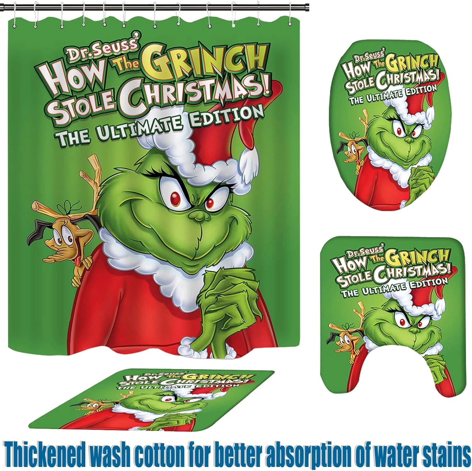 Merry Christmas Bathroom 4-Piece Set, Shower Curtain, Non-Slip Rug, Toilet Seat Cover And Bath Mat Grinch Christmas Holiday Bathroom Decor With Hooks 72 X 72 Inches (Bathroom Set 1) 4 Merry Christmas Bathroom 4-Piece Set, Shower Curtain, Non-Slip Rug, Toilet Seat Cover And Bath Mat Grinch Christmas Holiday Bathroom Decor With Hooks 72 X 72 Inches (Bathroom Set 1) - Image 4