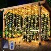 600 LED Solar Curtain Lights Outdoor Remote Control Gazebo Light 8 Modes Waterproof Waterfall Fairy Light String Window Wall Hanging Solar Patio Light Outside Wedding Party Christmas Decor, Warm