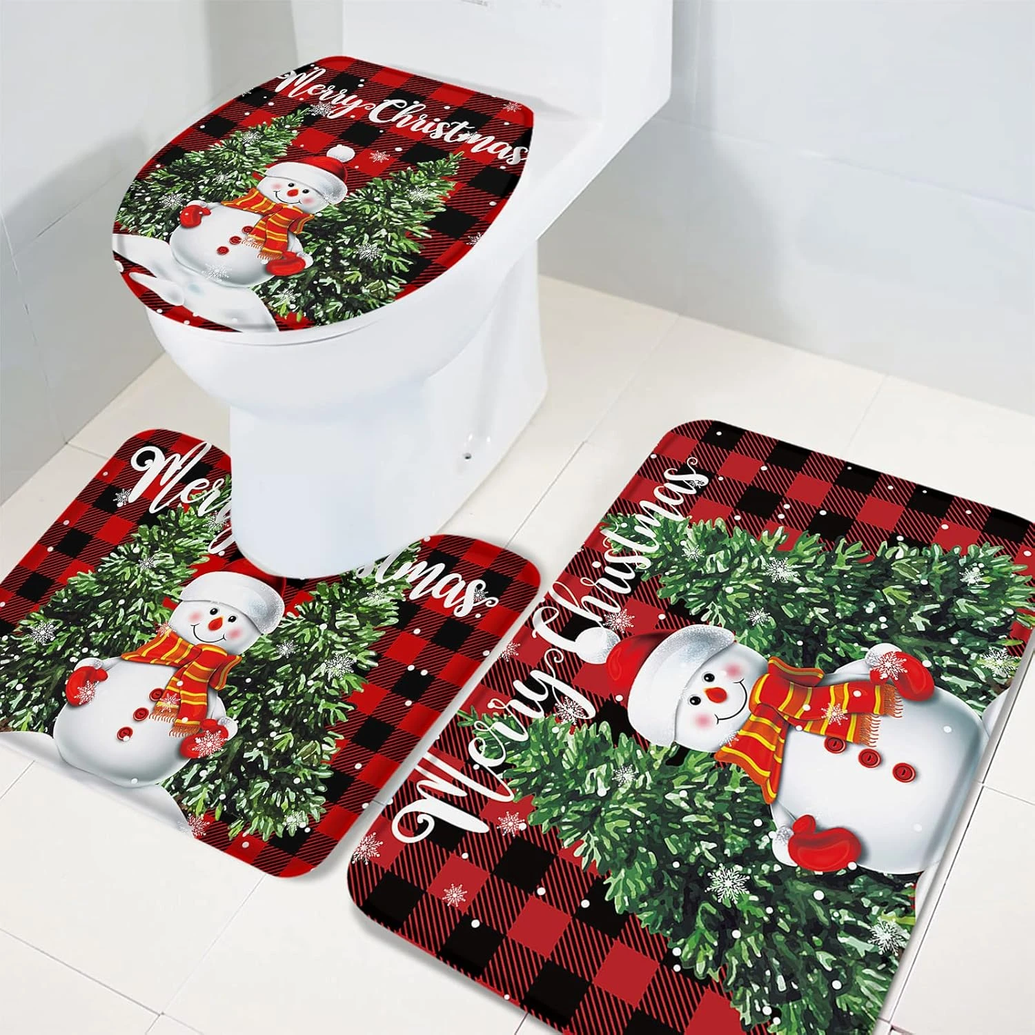 Christmas Snowman 3 Piece Bath Rugs Sets Snowman With Xmas Tree Bathroom Mats Set Non Slip Water Absorbent U-Shaped Contour Toilet Mat Red Buffalo Plaid Check Toilet Lid Cover 4 Christmas Snowman 3 Piece Bath Rugs Sets Snowman With Xmas Tree Bathroom Mats Set Non Slip Water Absorbent U-Shaped Contour Toilet Mat Red Buffalo Plaid Check Toilet Lid Cover - Image 4
