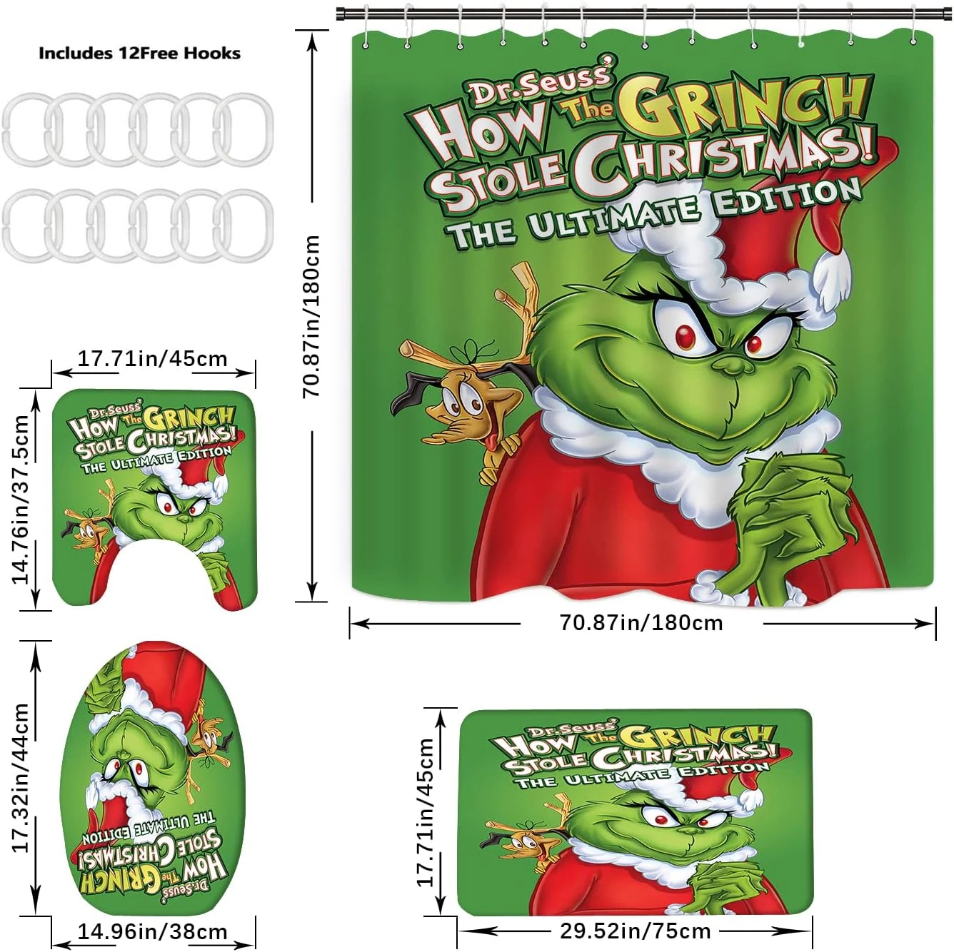 Merry Christmas Bathroom 4-Piece Set, Shower Curtain, Non-Slip Rug, Toilet Seat Cover And Bath Mat Grinch Christmas Holiday Bathroom Decor With Hooks 72 X 72 Inches (Bathroom Set 1) 2 Merry Christmas Bathroom 4-Piece Set, Shower Curtain, Non-Slip Rug, Toilet Seat Cover And Bath Mat Grinch Christmas Holiday Bathroom Decor With Hooks 72 X 72 Inches (Bathroom Set 1) - Image 2