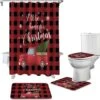 OneHoney 4 Piece Shower Curtain Sets With Non-Slip Rugs, Truck With Christmas Tree Bathroom Curtains Waterproof, Snowflakes On Red Buffalo Grid Decor Doormat, Toilet Lid Cover And Bath Mat