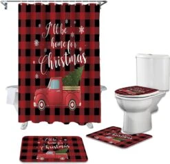 OneHoney 4 Piece Shower Curtain Sets With Non-Slip Rugs, Truck With Christmas Tree Bathroom Curtains Waterproof, Snowflakes On Red Buffalo Grid Decor Doormat, Toilet Lid Cover And Bath Mat