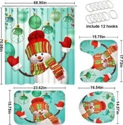 Likiyol 4 Pcs Merry Christmas Shower Curtain Sets With Non-Slip Rugs, Toilet Lid Cover And Bath Mat, Cartoon Snowman Shower Curtain With 12 Hooks, Green Balloon Ribbon Bathroom Curtain, Waterproof -Xmas Lighting Shop 81o8tU1W92L. AC SL1500
