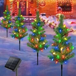 Homeleo 4 Set Solar Christmas Tree W/ 80pcs Multicolor C6 LED Christmas Lights For Outdoor Christmas Decorations,Solar Powered Prelit Small Christmas Tree For Holiday Outside Pathway Garden Yard Decor