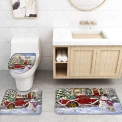 4 Piece Merry Christmas Shower Curtain Set With Non-Slip Rug, Toilet Lid Cover And Bath Mat, Xmas Snowman Red Truck Tree Wood House Winer Snowy Scene Shower Curtain With Hooks For Holiday Decoration -Xmas Lighting Shop 81pD XKDv L. AC SL1500