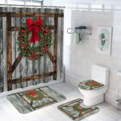 Likiyol 4 Pcs Christmas Wooden Door Shower Curtain Sets With Non-Slip Rugs, Toilet Lid Cover, Bath Mat And 12 Hooks, Christmas Bow Knot With Pine Cone Shower Curtain Christmas Bathroom Set