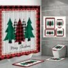 Christmas Tree Shower Curtain Set, Merry Christmas Bathroom Sets With Shower Curtain And Rugs, Winter Holiday Xmas Bathroom Decor Set (Colorful Tree)