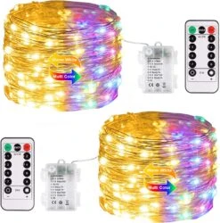 JMEXSUSS 2 Pack Color Changing Fairy Lights Battery Operated, 33ft 100 LED Color Changing Christmas Lights With Remote, 8 Modes Twinkle String Lights For Bedroom Party Decor, Warm White & Multicolor