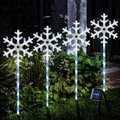 Solar Christmas Pathway Lights, Set Of 4 Snowflake Solar Powered Christmas Decorations Outdoor, Waterproof Christmas Garden Stake Lights For Patio, Yard, Garden, Lawn Christmas Holiday Decor