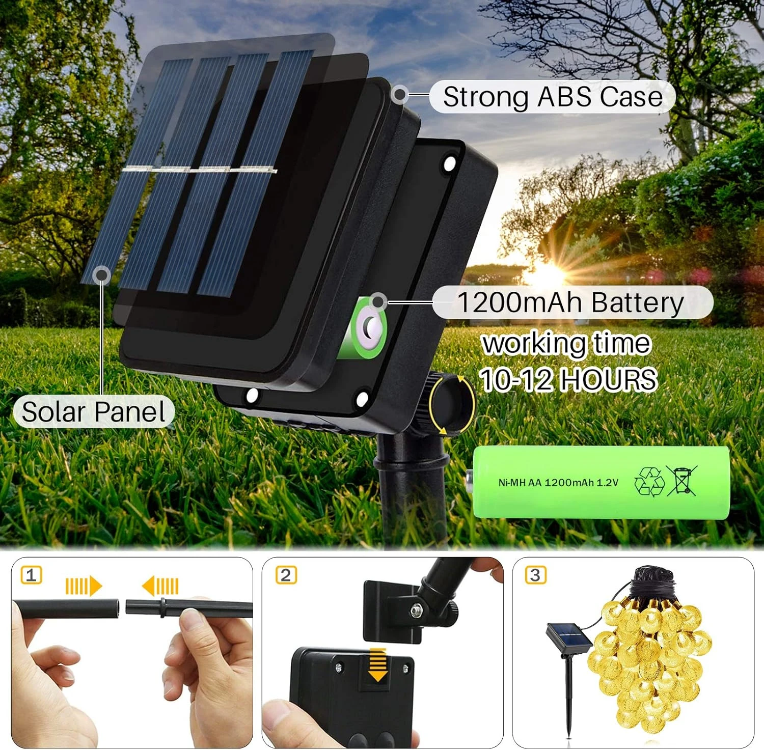 LICKLIP Solar String Lights, 36ft 60 LED (Φ1.0 Inch) Outdoor Globe Bulb String Lights, Waterproof 8 Modes Solar Patio Lights For Christmas, Patio, Garden, Gazebo, Yard, Outdoors, Wedding (Warm White) 7 LICKLIP Solar String Lights, 36ft 60 LED (Φ1.0 Inch) Outdoor Globe Bulb String Lights, Waterproof 8 Modes Solar Patio Lights For Christmas, Patio, Garden, Gazebo, Yard, Outdoors, Wedding (Warm White) - Image 7