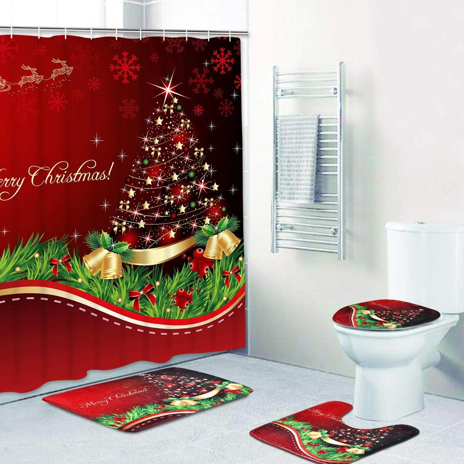 Uspring 4 Pcs Merry Christmas Shower Curtain Sets With Non-Slip Rugs, Bath Mat, Toilet Lid Cover And 12 Hooks, Xmas Tree Ball Snowflake Red Shower Curtain For Christmas Decoration 1 Uspring 4 Pcs Merry Christmas Shower Curtain Sets With Non-Slip Rugs, Bath Mat, Toilet Lid Cover And 12 Hooks, Xmas Tree Ball Snowflake Red Shower Curtain For Christmas Decoration